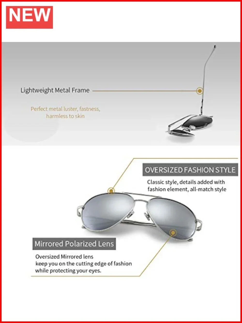 Oversized Aviator Sunglasses Women Polarized Mirrored Metal Frame UV Protection